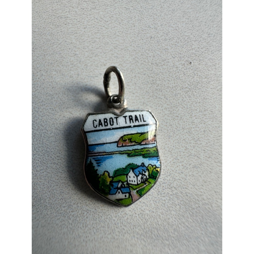 Vintage Cabot Trail Nova Scotia Enamel Shield Charm Silver Plated Germany REU
